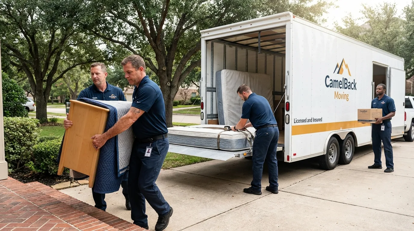 Crew loading residential truck for cross-state move from Monette, AR