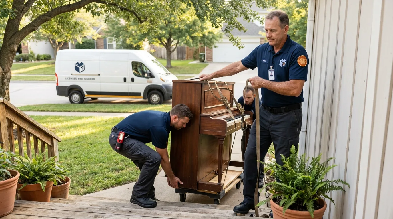 Licensed piano movers securing grand piano in Monette, AR