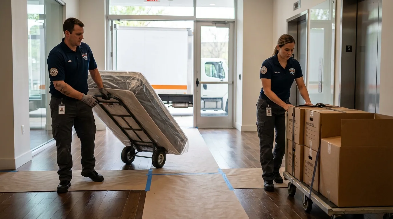 Professional apartment movers loading elevator in Monette, AR